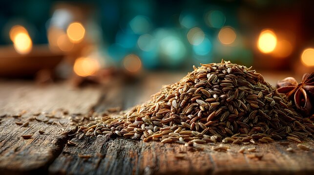 Hyper-realistic macro view of aromatic cumin seeds piled on a warm, textured wooden surface. The background is a softly blurred, cozy kitchen.