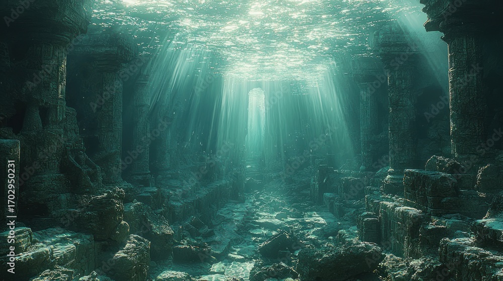 Poster sunbeams illuminate submerged ancient ruins, creating a mysterious underwater scene.
