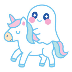 Cute Kawaii Halloween Ghost Riding a Unicorn Vector Illustration – Adorable Spooky Cartoon Character Design