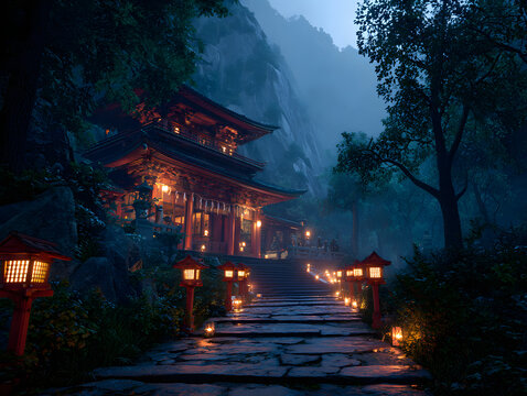 Cinematic mountain temple at twilight with glowing lanterns, stone path, lush trees, and misty atmosphere, evoking tranquility and mystery