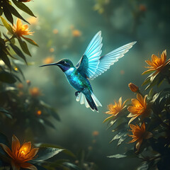 Fototapeta premium A luminous hummingbird hovers among glowing flowers