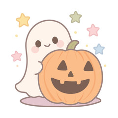 Cute Kawaii Halloween Ghost with Stars Behind a Cute Scary Pumpkin Vector Illustration – Adorable Spooky Cartoon Character Design