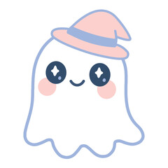 Cute Kawaii Halloween Ghost with Witch Hat Vector Illustration – Adorable Spooky Cartoon Character Design