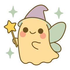 Cute Kawaii Halloween Ghost with Witch Hat, Wings, and Star Stick Vector Illustration – Adorable Spooky Cartoon Character Design
