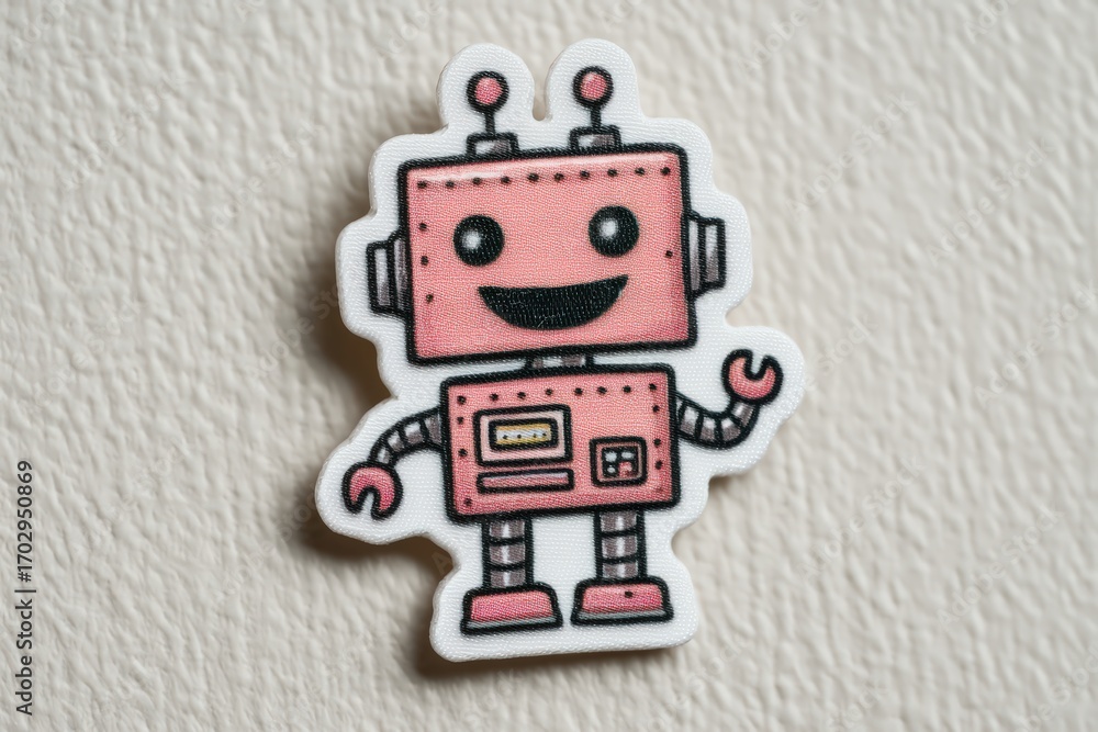 Poster cheerful cartoon robot character with a smiley face capturing the essence of playfulness and creativ