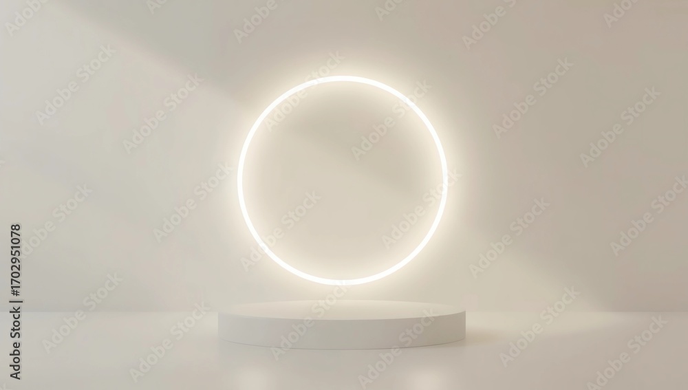 Fototapete minimal mockup concept for product presentation. white podium and glowing round portal on white back
