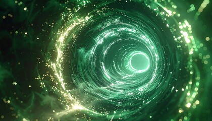 Abstract swirling vortex of emerald and gold particles
