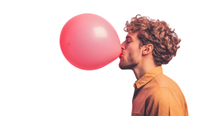 Young man blowing a pink bubble gum isolated on transparent background, creating a fun and playful moment of amusement