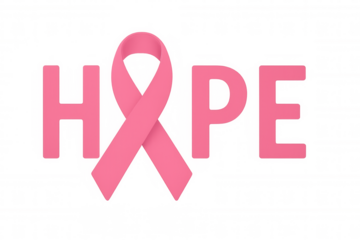 Pink awareness ribbon curving around handwritten hope word, highlighting breast cancer support with soft pastel symbolism on clear background
