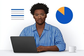 Professional young man analyzing metrics on laptop in modern workspace highlighting productivity and digital engagement while visually representing business strategy and analytical focus