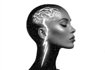 A mesmerizing portrayal of a confident woman embodying strength and enlightenment with a galaxy illuminated brain and lightning strikes, conveying the power of profound thought and creativity