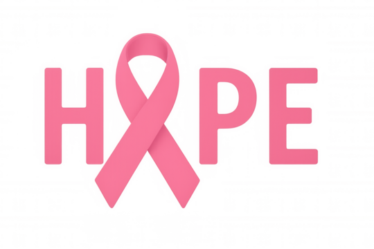 Pink awareness ribbon curving around handwritten hope word, highlighting breast cancer support with soft pastel symbolism on clear background