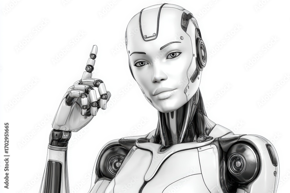 Poster enigmatic humanoid robot expressing curiosity through an intricate design of metallic components and