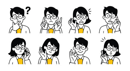 Diverse business professionals express various emotions and ideas in clear, engaging illustrations