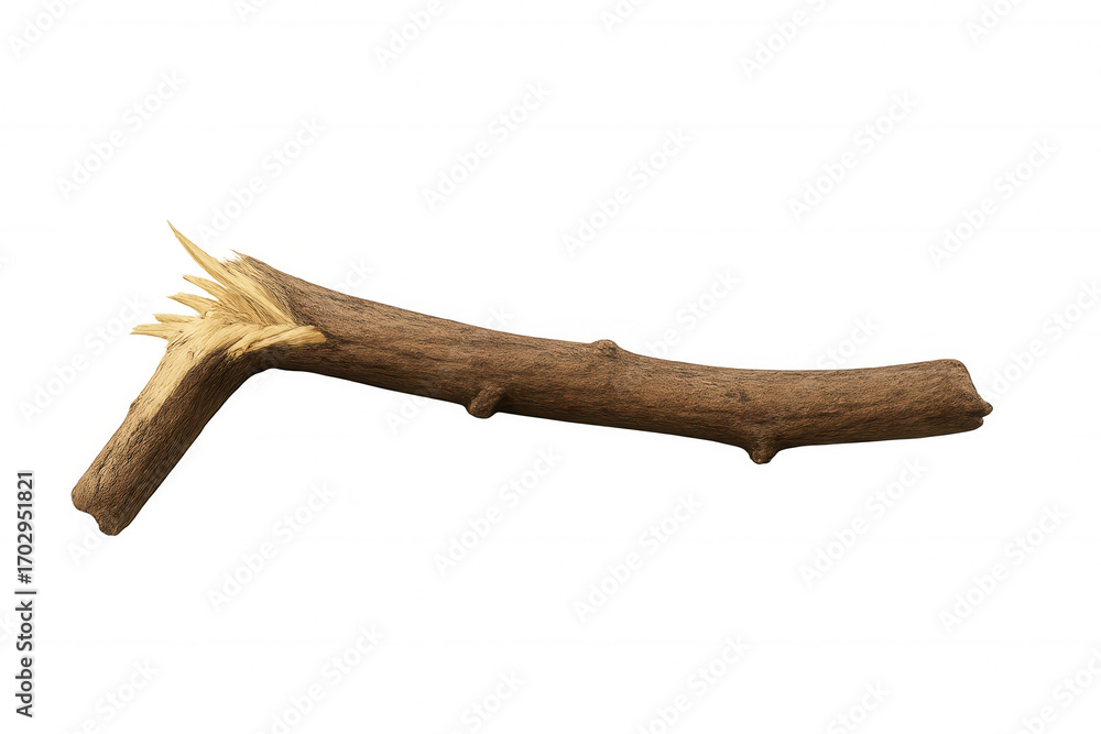 Poster broken tree branch closeup, revealing weathered wood grain and sharp splintering against transparent