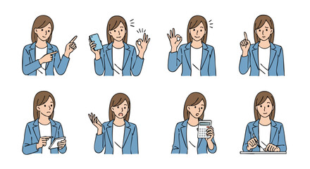 Professional woman in business attire displays various actions and emotions for presentations and marketing materials.