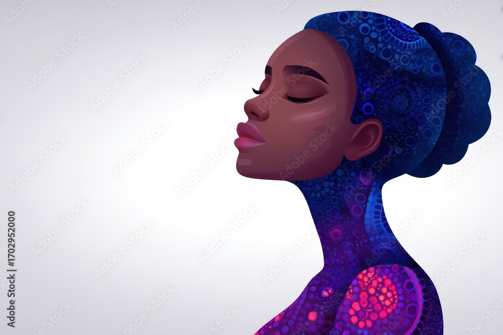 Poster ethereal profile of a woman embodying digital identity through intricate patterns and colors represe