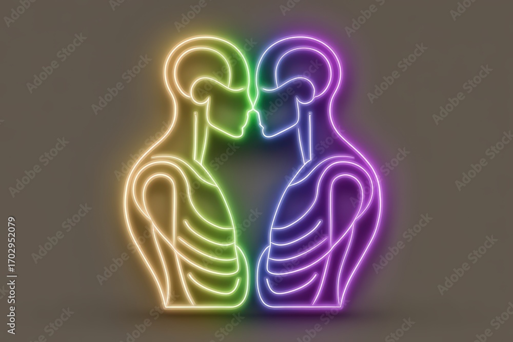 Aufkleber innovative neon depiction of two ethereal figures engaging in a profound moment of connection illumi