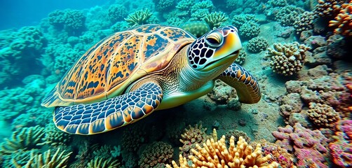 Hawksbill turtle gracefully consuming vibrant soft coral, underwater photography, Indian Ocean
