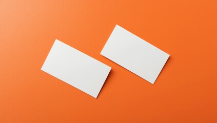Mock up of two vertical white blank business cards isolated at orange paper background.