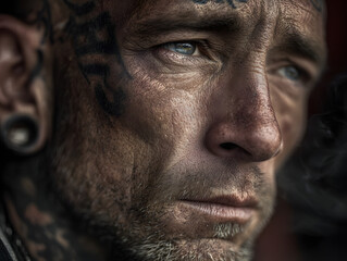 Weathered tattooed man with gritty expression, close up portrait showing detailed skin texture, piercing blue eyes, and facial tattoos, evoking raw emotion and resilience