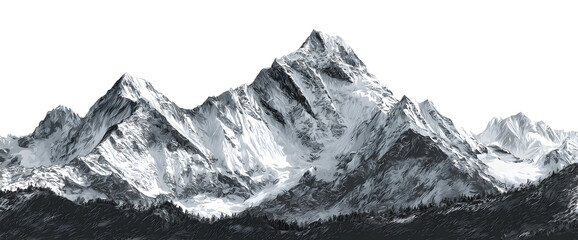 Stunning snow-capped mountain range with majestic peaks and detailed textures against a transparent background