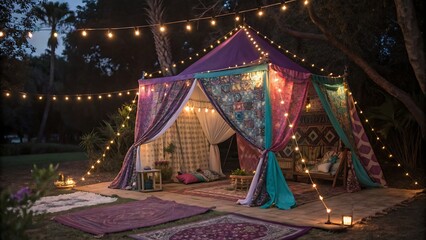 Decorated tent with string lights in outdoor evening setting