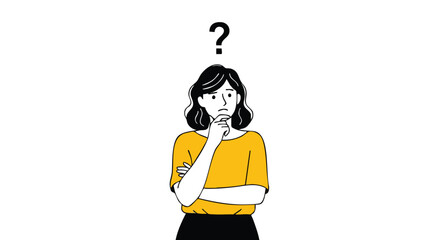 Puzzled woman ponders decisions with question mark above her head needing solution or creative ideas