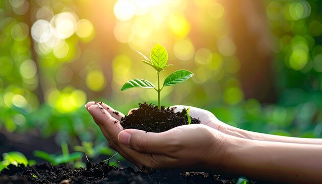 A young green sapling held in hands with bright natural sunlight and over 50% negative space, symbolizing World Environment Day and eco-friendly awareness.