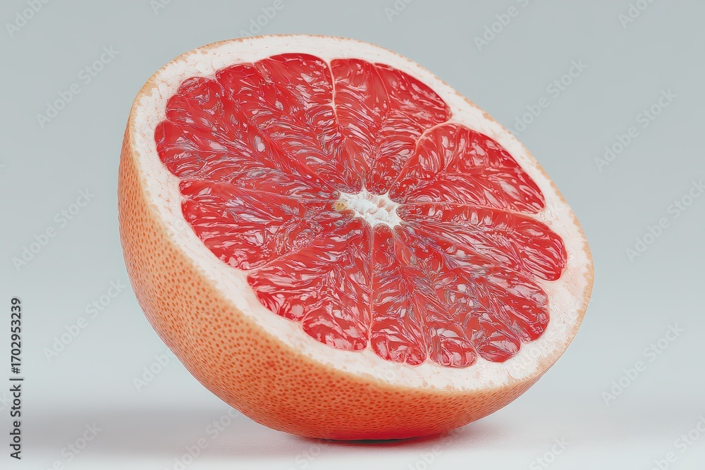 Poster juicy grapefruit half showcasing intricate texture and fresh appeal in a minimalistic setting reflec
