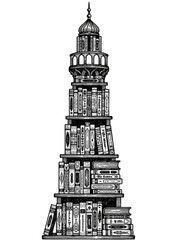 Obraz premium An architectural lighthouse constructed from stacked books, symbolizing knowledge and learning, a beacon of wisdom