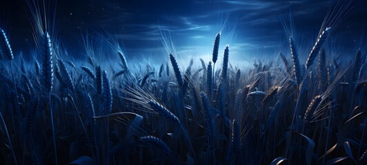 The black background contrasts sharply with the bright blue silver light emitted by Wheat field, generative AI