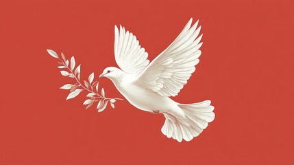 Fototapeta premium A white dove in flight, holding an olive branch, against a coral red background.