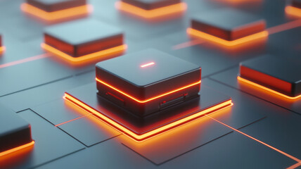 Glossy electronic module with orange neon edge lighting, futuristic circuit layout, sleek technology ambiance, dramatic glow