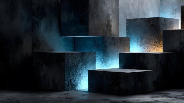 Abstract, futuristic image of dark, textured stone blocks arranged at varying heights, illuminated by a cool blue light emanating from the gaps.