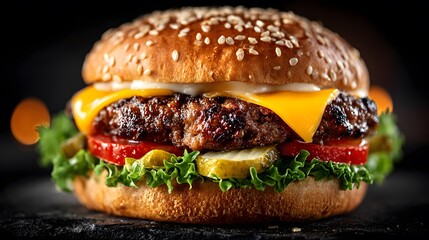 Epic, juicy cheeseburger with a perfectly grilled patty, melted cheese, and fresh lettuce, dramatically presented against a solid black background.