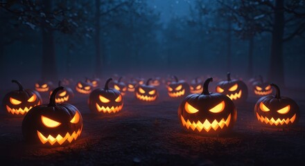 Spooky Halloween Night with Glowing Jack-o'-Lanterns in Foggy Forest Scene