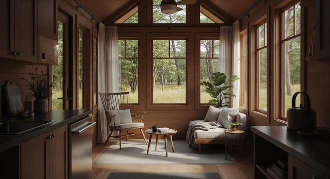 Cozy cabin interior design, sunlit living space with wooden furniture and forest view, relaxing atmosphere, home decor, minimalist style, comfortable seating area, natural light, windows, interio