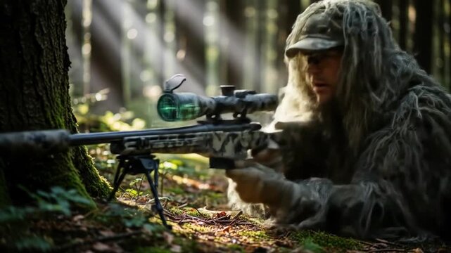 Camouflaged marksman focuses with precision rifle during tactical forest operation