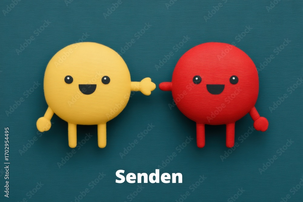 Aufkleber cheerful yellow and red plush characters joyfully holding hands against a teal backdrop symbolizing 