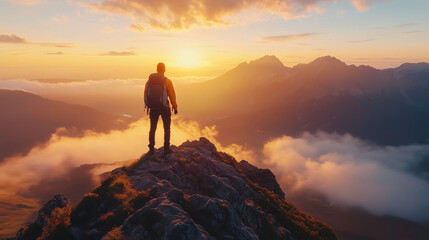 Fototapeta premium Traveler standing on mountain peak with backpack, sunrise view over valley, sense of freedom