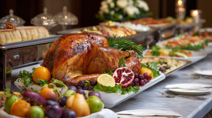 A whole roasted turkey on a festive buffet table surrounded by seasonal fruits vegetables and elegant tableware in bright vibrant stock photography style