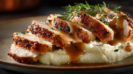 Close up of roasted turkey breast served with rich gravy and creamy mashed potatoes in gourmet food presentation