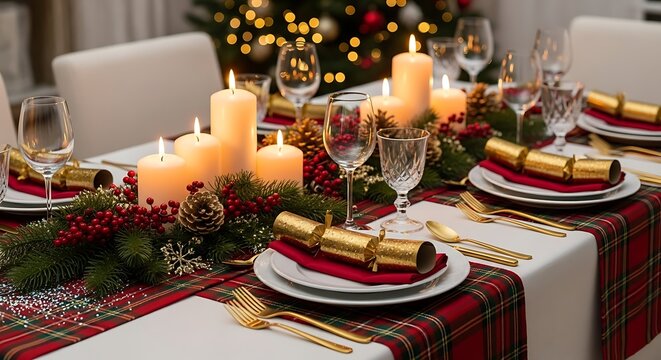 Elegant Christmas Dinner Table Setting with Candles and Crackers.