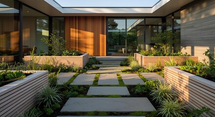 Fototapeta premium Contemporary courtyard house with stone walkway