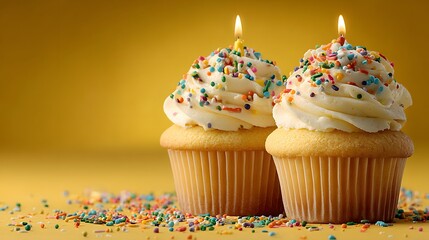 Two cheerful birthday cupcakes with vanilla frosting and lit candles against a vibrant yellow backdrop as rainbow sprinkles fall dynamically from above.