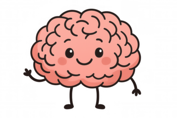 Brain mascot character smiling, waving happily, transparent background, cartoon style medical illustration