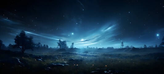 The black background contrasts sharply with the bright blue silver light emitted by grass field, generative AI