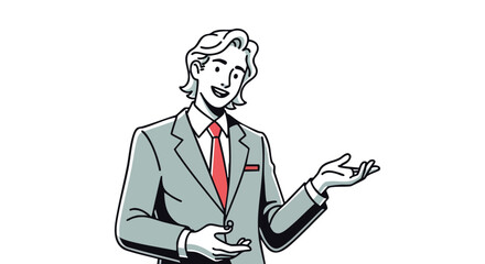 Confident businessman gesturing, presenting ideas with a friendly smile in a professional setting