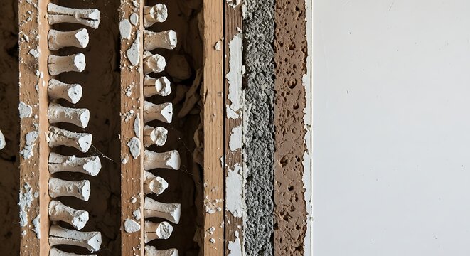Exposed wall composition revealing lath and plaster construction details and material textures